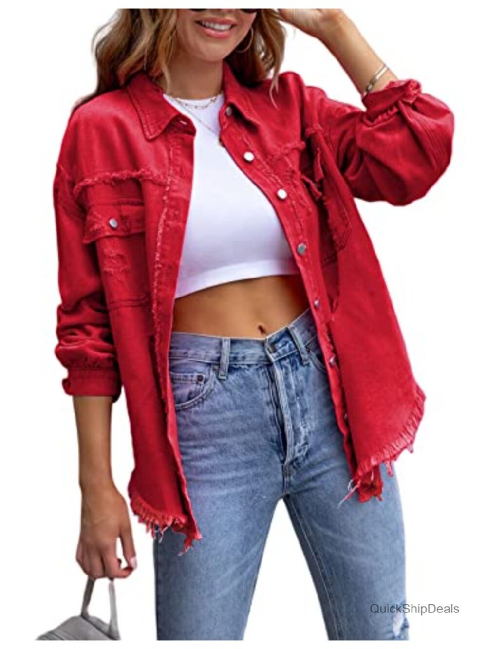 Oversized Ripped Denim Jacket Frayed Hem Button Front Boyfriend Shacket